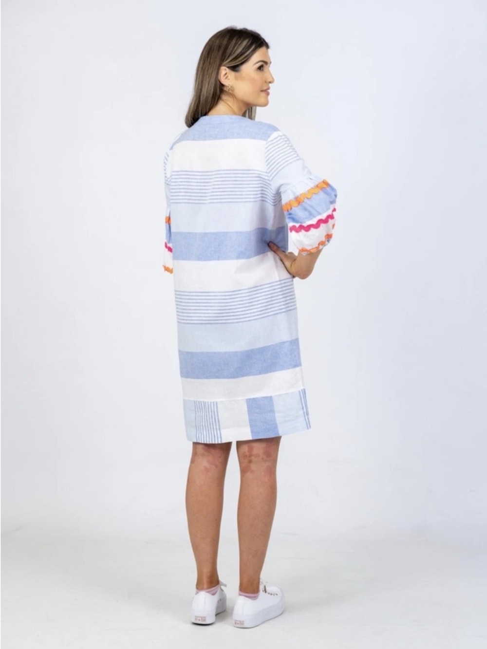 Vilagallo Linen Light Blue White Striped Shift Dress Colorful Rivet Sleeve Trim